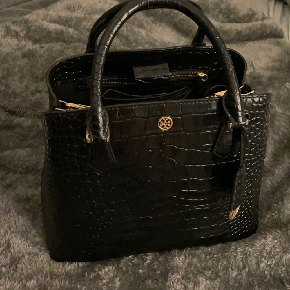 Tory Burch Croc Robinson Triple compartment Croc embossed leather tote